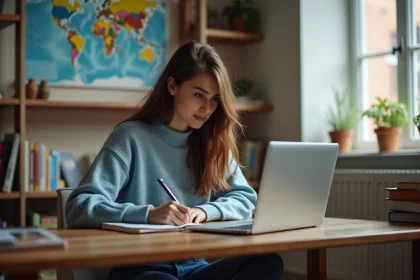 Jeune femme étudiante concentrée sur son ordinateur portable dans sa chambre
