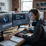 Étudiante en effets spéciaux numériques travaillant sur un logiciel de compositing dans un studio de formation VFX