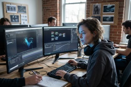 Étudiante en effets spéciaux numériques travaillant sur un logiciel de compositing dans un studio de formation VFX