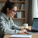 Étudiante consultant son emploi du temps sur la plateforme PSB Learn depuis sa chambre universitaire