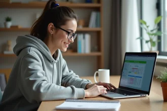 Étudiante consultant son emploi du temps sur la plateforme PSB Learn depuis sa chambre universitaire