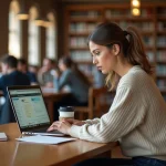 Étudiante consultant l'ENT de Sciences Po Bordeaux sur son ordinateur portable dans une bibliothèque universitaire