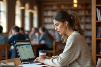 Étudiante consultant l'ENT de Sciences Po Bordeaux sur son ordinateur portable dans une bibliothèque universitaire