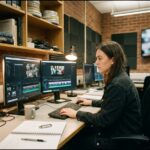 Étudiante en réalisation de films travaillant sur un poste de montage vidéo dans un laboratoire universitaire