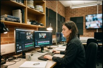 Étudiante en réalisation de films travaillant sur un poste de montage vidéo dans un laboratoire universitaire