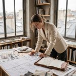 Étudiante en architecture d'intérieur consultant son portfolio de design dans un studio parisien
