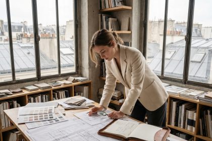 Étudiante en architecture d'intérieur consultant son portfolio de design dans un studio parisien