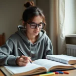 Étudiante en prépa BCPST concentrée sur ses révisions dans une chambre d'internat avec livres et notes manuscrites