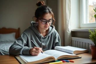 Étudiante en prépa BCPST concentrée sur ses révisions dans une chambre d'internat avec livres et notes manuscrites