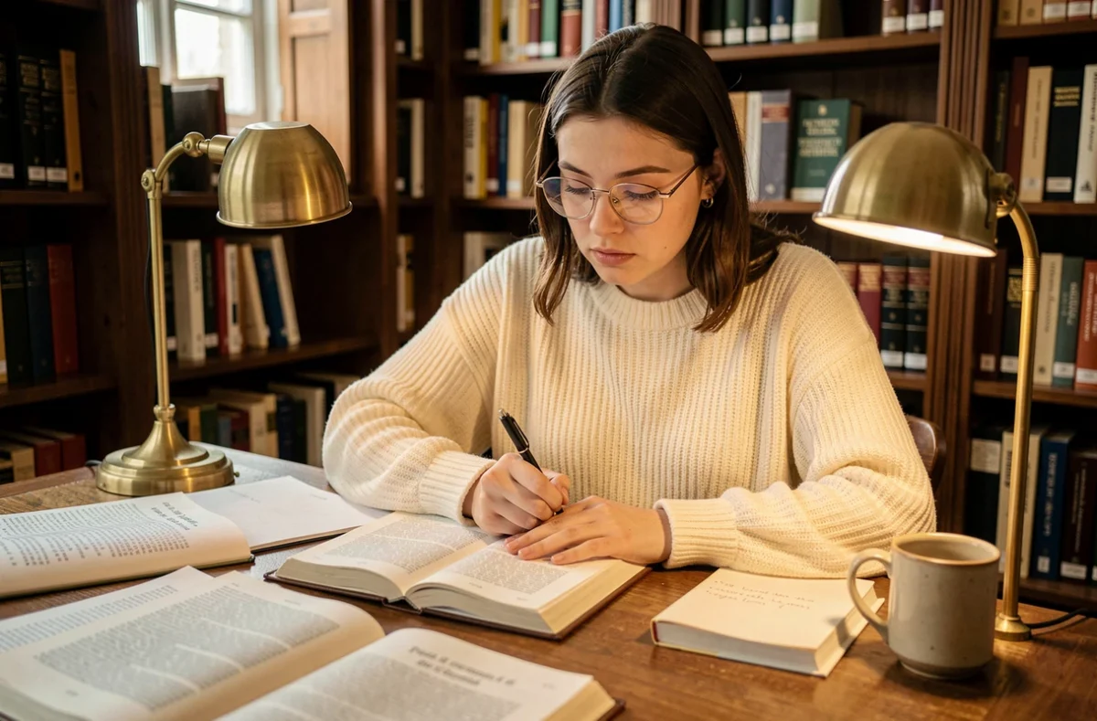 Étudiante révisant le passé simple du verbe choisir avec des livres de grammaire française à la bibliothèque