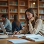 Étudiante de la Sorbonne Nouvelle cherchant des ressources d'aide universitaire dans une bibliothèque
