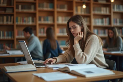 Étudiante de la Sorbonne Nouvelle cherchant des ressources d'aide universitaire dans une bibliothèque