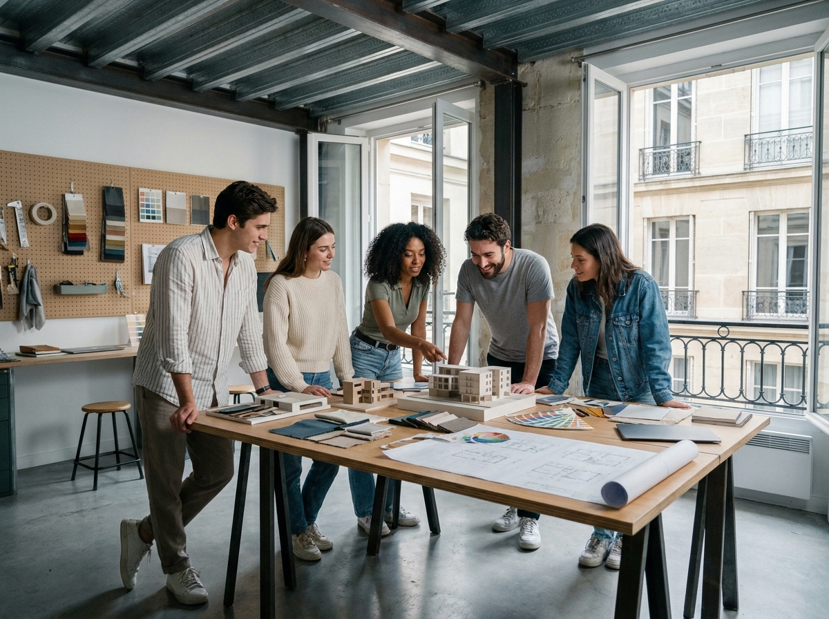 Groupe d'étudiants en école de design d'intérieur à Paris travaillant sur des maquettes architecturales