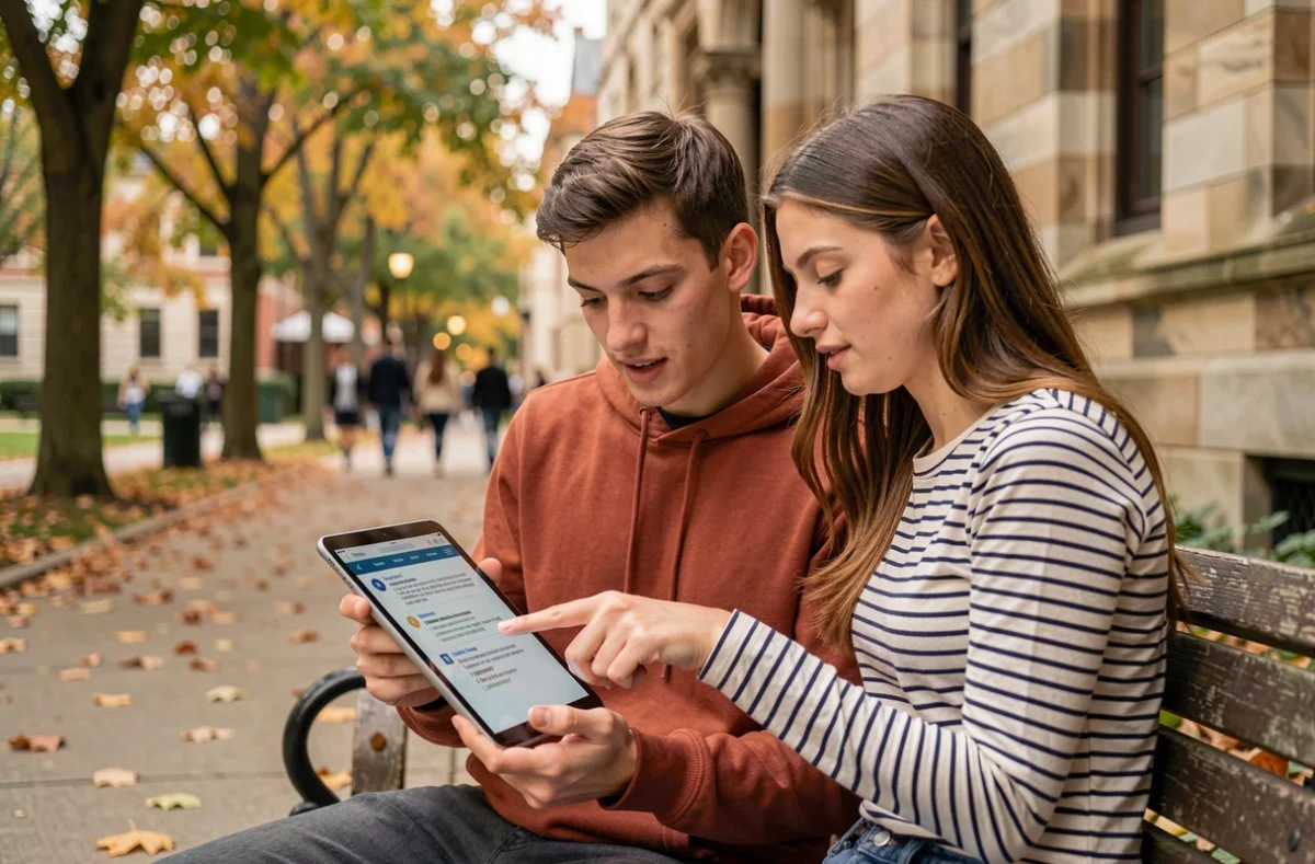 Deux étudiants révisant ensemble sur un campus avec une tablette affichant une méthode d'apprentissage rapide