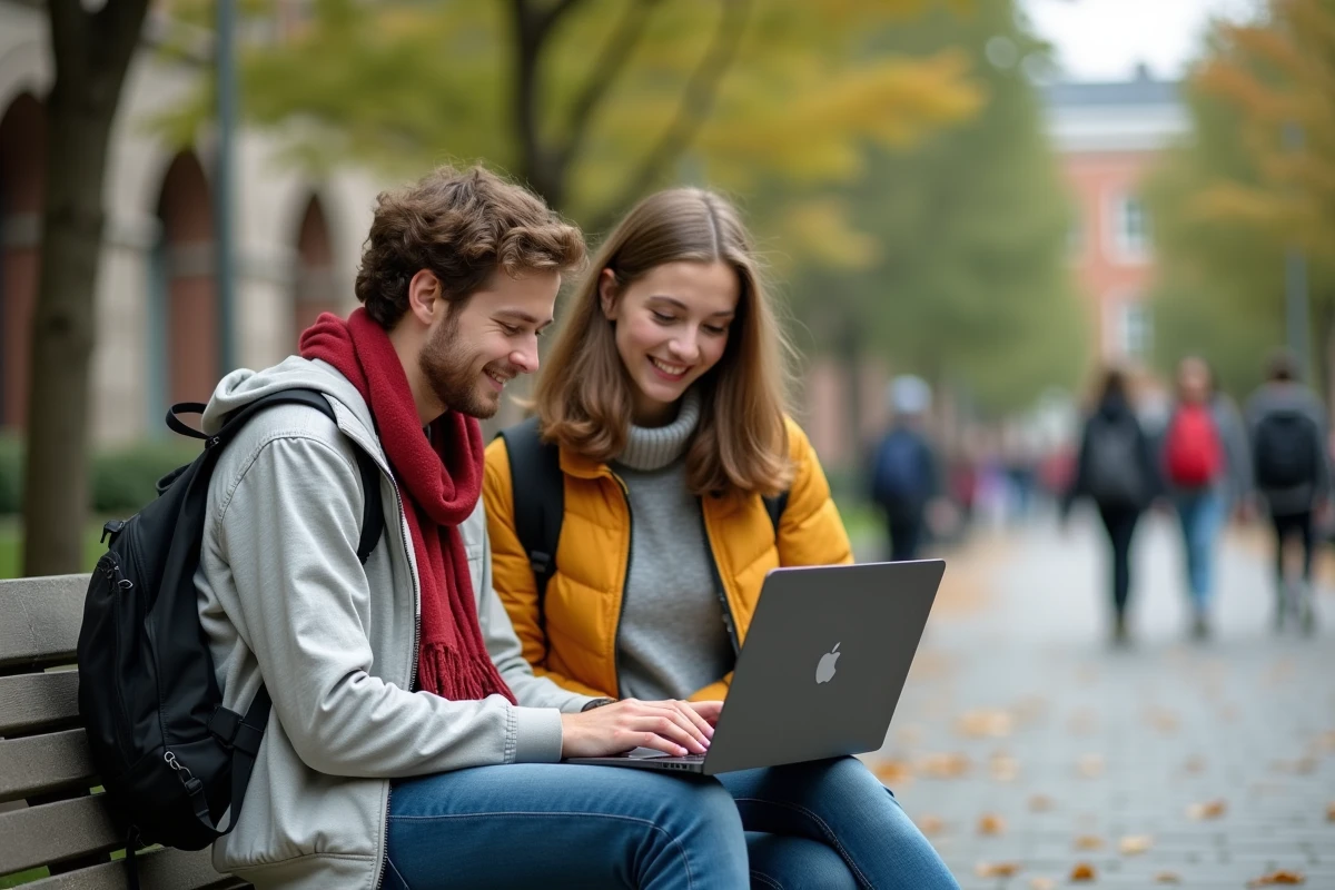 Deux étudiants révisant ensemble leur planning de devoirs sur PSB Learn dans la cour du campus