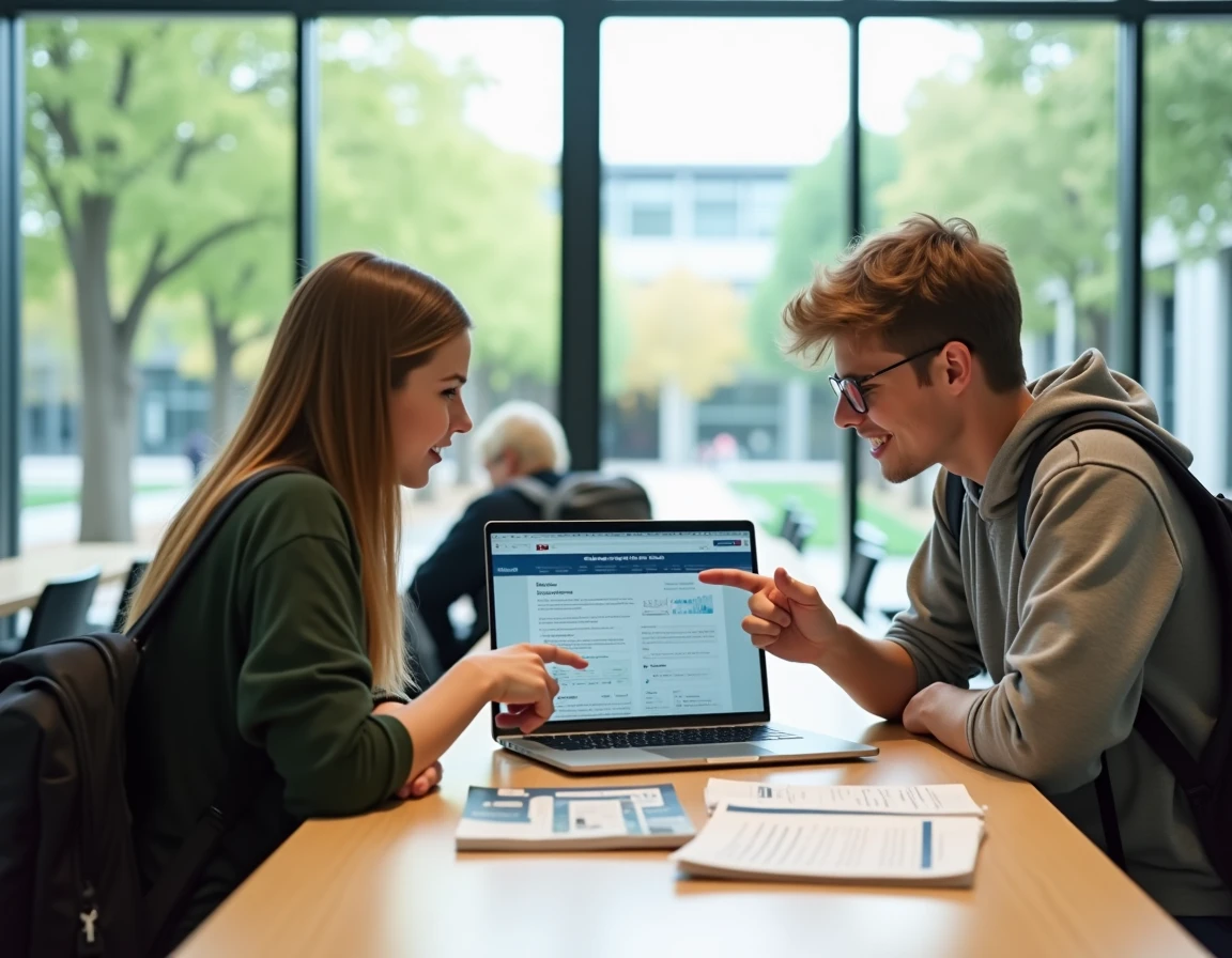Deux étudiants explorant ensemble l'environnement numérique de travail de Sciences Po Bordeaux lors de la rentrée