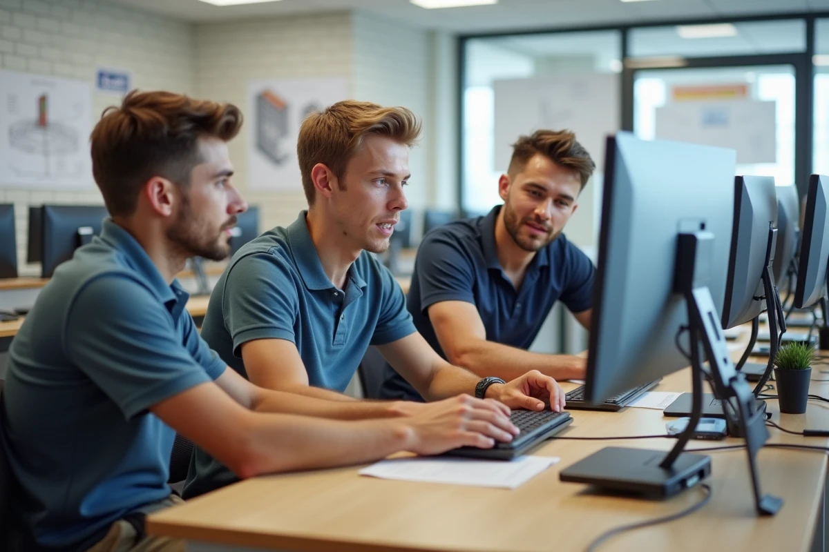 Étudiants en formation BTP travaillant sur un projet numérique dans une salle de classe de CFA