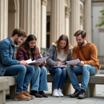 Groupe d'étudiants discutant devant une université historique