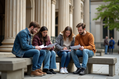 Groupe d'étudiants discutant devant une université historique