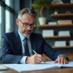Homme d'affaires en costume bleu dans un bureau moderne