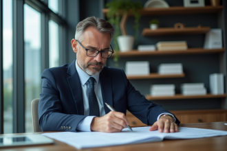 Homme d'affaires en costume bleu dans un bureau moderne