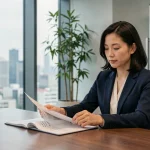 Femme professionnelle asiatique comparant des documents en japonais et en chinois dans une salle de réunion moderne avec vue sur la ville