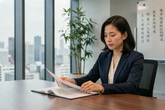Femme professionnelle asiatique comparant des documents en japonais et en chinois dans une salle de réunion moderne avec vue sur la ville