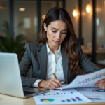 Femme d'affaires concentrée analysant des rapports de marché