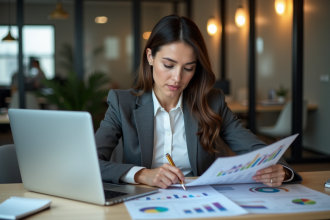 Femme d'affaires concentrée analysant des rapports de marché