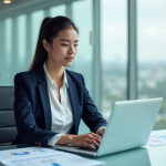 Jeune femme en costume navy travaillant à son bureau