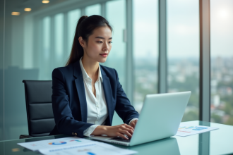 Jeune femme en costume navy travaillant à son bureau