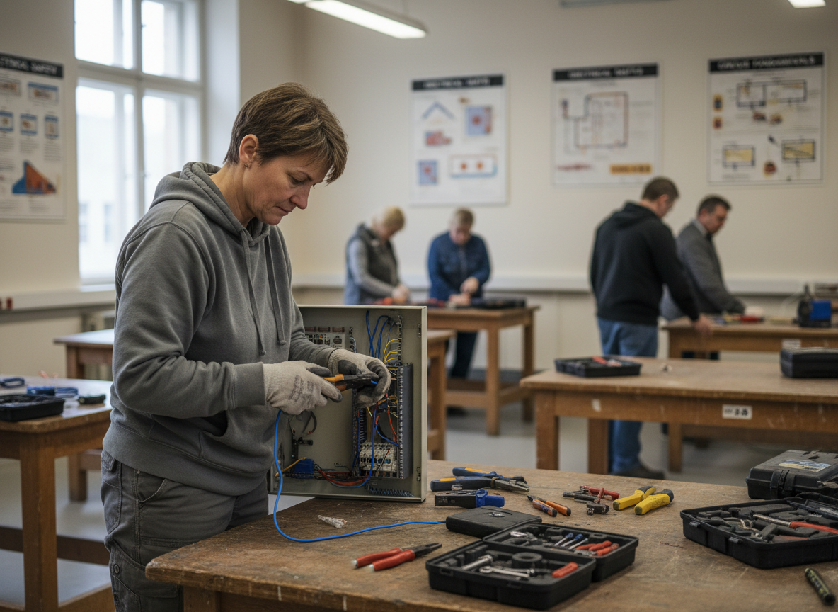 Femme branchant un panneau électrique en classe