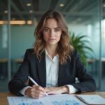 Femme concentrée analysant des feuilles de calcul au bureau