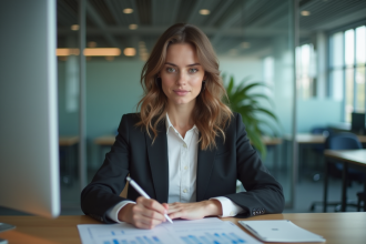 Femme concentrée analysant des feuilles de calcul au bureau