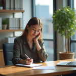 Femme concentrée travaillant à son bureau en intérieur