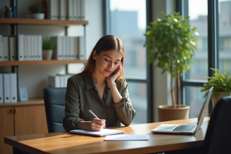 Femme concentrée travaillant à son bureau en intérieur