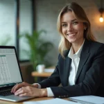 Femme en costume travaillant sur un ordinateur avec Excel