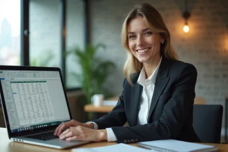 Femme en costume travaillant sur un ordinateur avec Excel