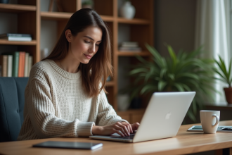 Jeune femme au bureau à domicile travaillant sur son ordinateur
