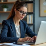 Femme en bureau moderne utilisant son ordinateur portable