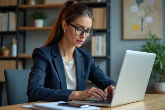 Femme en bureau moderne utilisant son ordinateur portable