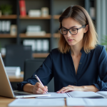 Femme au bureau travaillant sur son ordinateur portable