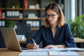 Femme au bureau travaillant sur son ordinateur portable