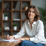 Femme en bureau moderne écrivant dans un carnet