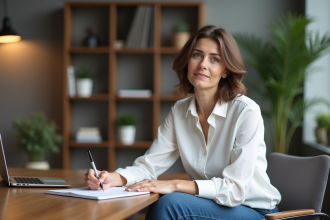 Femme en bureau moderne écrivant dans un carnet