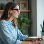 Femme professionnelle regardant l'écran du portail Pia Amiens