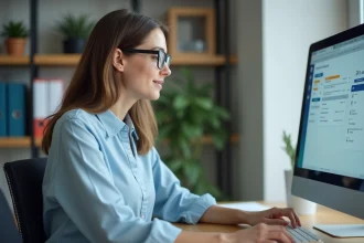 Femme professionnelle regardant l'écran du portail Pia Amiens