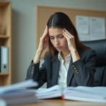 Femme d'affaires stressée au bureau avec documents