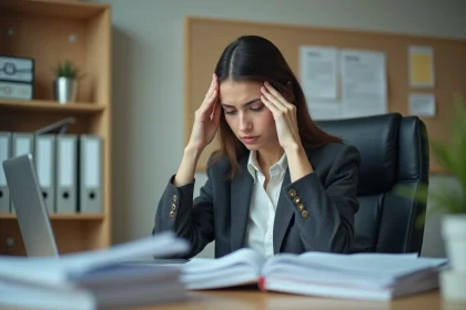 Femme d'affaires stressée au bureau avec documents