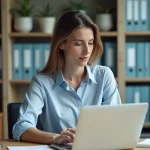 Femme d'âge moyen au bureau universitaire en blouse professionnelle